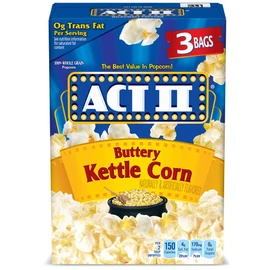 Act II Buttery Kettle Corn Microwave Popcorn, Movie Night Supplies, 2.75 oz., 3-Count Bags (Pack of 12)