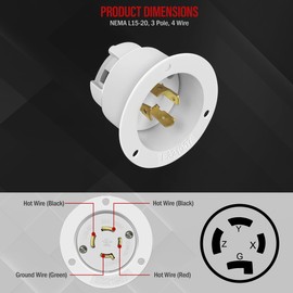ENERLITES NEMA L15-20 Flanged Inlet Generator Plug, Locking Receptacle Socket, 20 Amp, 250 Volt, 3 Pole, 4 Wire Grounding, Industrial Grade, 66903-W, White