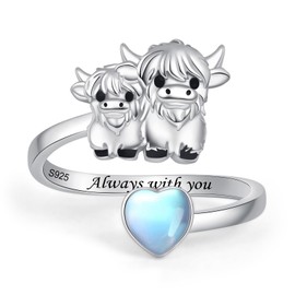 ACJNA Moonstone Highland Cow Ring 925 Sterling Silver Mother's Day Jewelry Gift for Women Mother