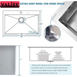 VALISY 33x22 Inch Drop In Topmount Stainless Steel Brushed Nickel Single Bowl Sink, Extra-thick 16 Gauge For RV Kitchen Laundry Utility with Dish Grid and Basket Strainer