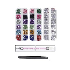 YFFSFDC Colored Rhinestones, Nail Art Parts, Large Capacity, 12 Colors, Acrylic Rhinestones, 3 Case, For Nail Decoration, DIY, For Clothes, With Tweezers, Point Drill Pen Included