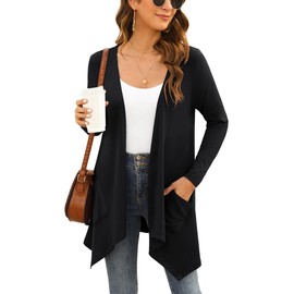 Yommay Women's Summer Short-Sleeve Long Cardigans for Women, Elegant Casual Lightweight Cardigan with Pocket, High, Low Hem, A01 black