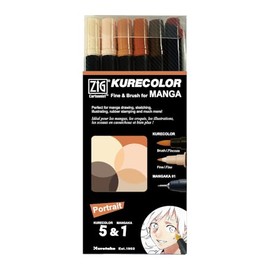 Kuretake Zig Cartoonist KURECOLOR Fine&Brush Portrait set, 5 colors with MANGAKA Black, Alcohol-based twin tipped dual marker pens, for Artist, Professional, Made in Japan
