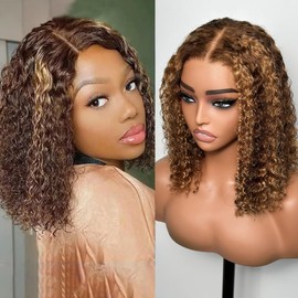 olimaruly 4X4 Short Deep Curly Bob Wig Human Hair 14 Inch Ombre Highlight Bob Wig Human Hair for Women Wear and Go Glueless Wigs Pre Plucked Upgraded No Glue Lace Front Wigs for Women