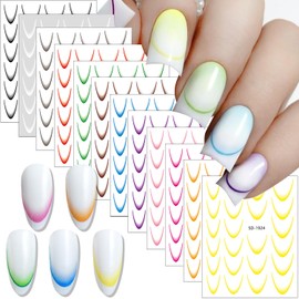 FSpronail Ombre French Tip Nail Stickers 12 Sheets 3D Line French Manicure Stickers for Nails Colorful Curved Gradient French Nail Decals French Tip Guides Stencils Pegatinas para uñas