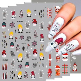 Christmas Nail Art Stickers 10 Sheets Christmas Nail Decals 3D Self-Adhesive Snowman Deer Bells Nail Sticker Red Snowflake Nail Art Design Decals DIY Nail Decoration Supplies for Women Girls 1#