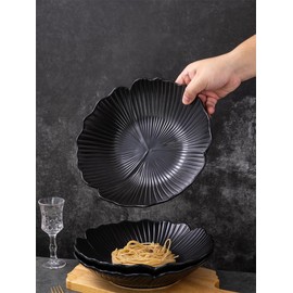 Jusalpha Set of 3-Japanese Style Flower Petal Shaped Porcelain Dinner Plates, Versatile Circular Serving Plates for Breakfast, Salad, Steak Dinner, PL019 (10 Inches, Black)