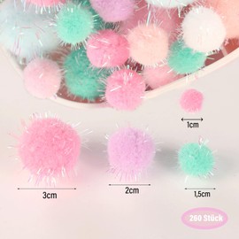 Barlone Pompoms for Crafts, 260 Pieces 1-3 cm Colourful Mini Glitter Pompoms for Crafts, Felt Balls, Bobbles for Crafts for Funny DIY Creative Crafts, Fine Hair Accessories, Party Decoration (4 Sizes)