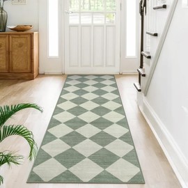 Beeiva Checkered Hallway Runner Rug 2x6, Ultra Thin Non Slip Washable Kitchen Runner 2x6, Moroccan Neutral Green Soft Floor Carpet for Bedroom Entryway Laundry Room