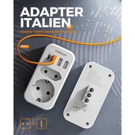 TESSAN Adapter Italy Socket, 6 in 1 Travel Adapter Italy with 1 USB C and 3 USB A, 2500 W Travel Adapter Chile, Adapter Italy Germany Plug, Socket Adapter USB for Italy Chile Uruguay