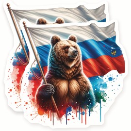 Russian Bear Stickers - Russia Flag Art - Patriotic Decor - 2 Pack - 5" Wide Design - Adheres to Laptops, Tumblers, and More – Made in The USA - AQS0051