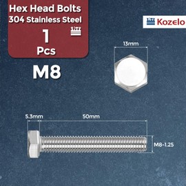 Kozelo 1 Pcs Hex Head Screws Bolts - [M8-1.25x50] 304 Stainless Steel Grade A2-70 Hex Bolt Fully Threaded Hex Tap Metric Hexagon Head Machine Bolts Left Hand External Hex Drive, Silver