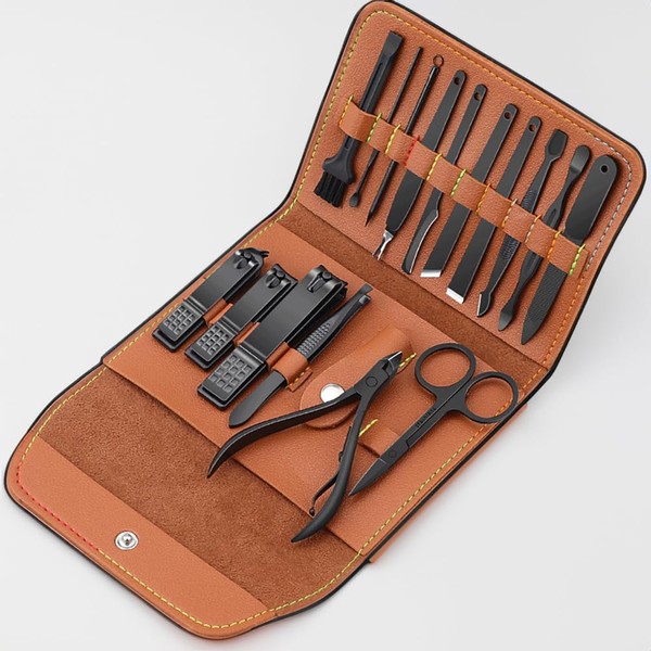 Manicure Set Professional Nail Clippers Pedicure Kit, 16 pcs Stainless Steel Nail Care Tools Grooming Kit with Brown Travel Leather Case for Men Women Gift