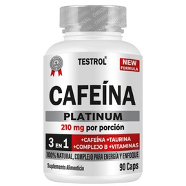 Cafeína Platinum 210mg. Taurina y Complejo B. Energía pura y sostenida para tu día a día. Fórmula Premium para Mayor Rendimiento y Alerta. 90 Cápsulas. Testrol.