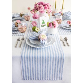 Solino Home Stripe Linen Table Runner 108 Inches Long - Sky Blue and White, 100% Pure Linen Easter Table Runner 14 x 108 Inch Ideal for Wedding, Parties - Amalfi Stripe