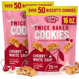 Cooper Street Twice-Baked Cherry White Chip Biscotti Cookies (16 oz Pack of 2) – Over 50 Biscotti Cookies per Bag Loaded with Real Fruit, Traditional Italian Style Snacks - Dairy, Peanut & Soy Free