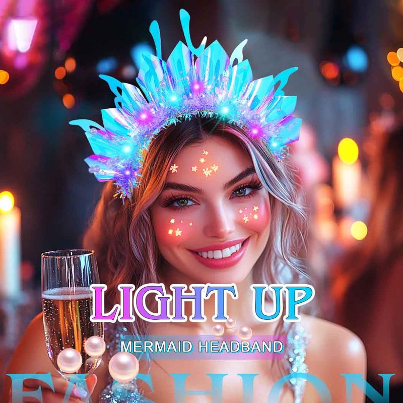 JAKAWIN Light Up Headband Blue Glowing Mermaid Costume Headpiece Pearl