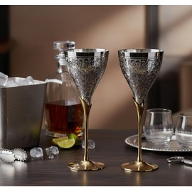 Stonkraft Engraved Pure Brass Premium Goblet Champagne Flutes Coupes Wine Glass Set Standard Silver