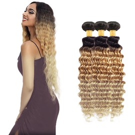 HeioWuio 1B/27/613 Hair Bundle 3 Bundles Deep Wave Ombre Three Tone Brazilian Remy Human Hair Bundle Honey Blonde and Brown Bundle Three Tone Hair Weave Deep Wave Bundles 18 20 22 Inch
