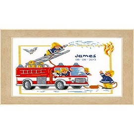 Vervaco Birth Record Fire Engine Counted Cross Stitch Kit, Multi-Colour