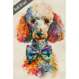 Dog Poodle with a colorful bow tie watercolor Art 4x6 Print