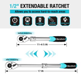 DURATECH 1/2-Inch Drive Extendable Ratchet, 90-Tooth Quick-release Ratchet Wrench with Cushion Handle & Telsecoping Locking Shaft (5 Length Adjustment: 11-4/5" to 17"), Reversible, Chrome Alloy Made