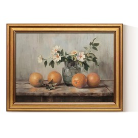 VIYYIEA Gold Framed Canvas Art Prints,12x16Inch, Still Life Orange and Wildflower Art Painting, Rustic Vintage Decor for Kitchen Dining Room, Country Farmhouse Fruit and Floral Picture