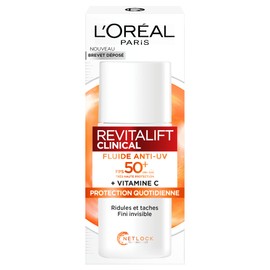 L'Oréal Paris - Anti-UV Fluid SPF 50+ Vitamin C + Vitamin E + Hyaluronic Acid - Taches, Rides & Complexion Irrégulier - Fini Invisible - UVB & UVA Longs - Revitalift Clinical - 50 ml