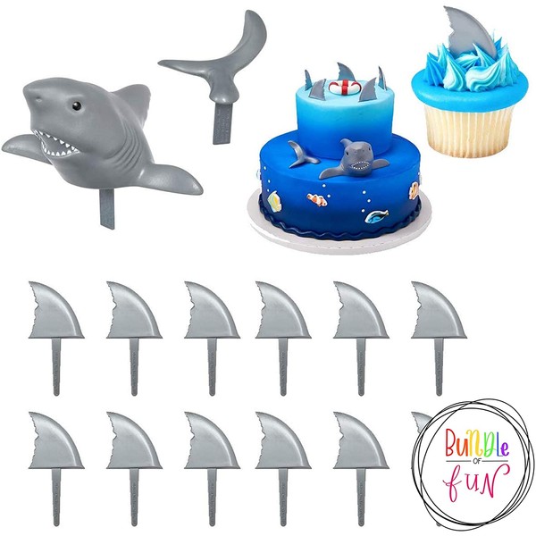 Shark Creations Cake Decorating Set Cake Topper and 24 Shark Fin Cupcake Topper Picks plus Bundle of Fun Sticker