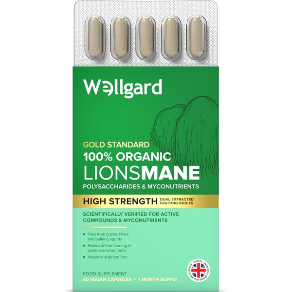 Wellgard Organic Lions Mane Mushroom Capsules – Lions Mane Supplement, Dual Extracted, Easy to Use, 60 Caps, Made in UK