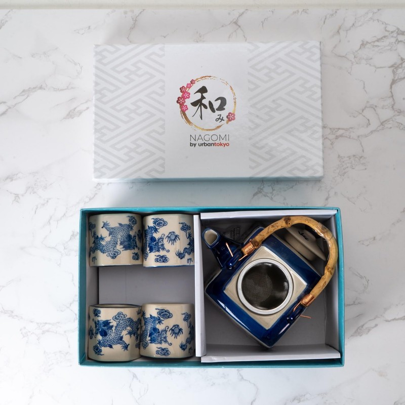 Oriental Dragon Porcelain Square Shaped Tea Set 20 fl oz
