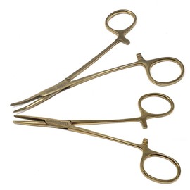 2 Pcs Pet Groomer Dog/Cat Hemostat Forceps 5" Hair Puller with STR + CRV Serrated Tips Ear Care Multipurpose Ratchet Locking Clamps Made of Stainless Steel Helps in Cleaning Nose, Paws, Furs Full Gold