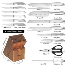 isheTao Knife Sets for Kitchen with Block, 15 Piece Kitchen Knife Set, Ultra Sharp Chef Knife Set for Kitchen, High Carbon Stainless Steel Knife Block Set with Sharpener, Silver