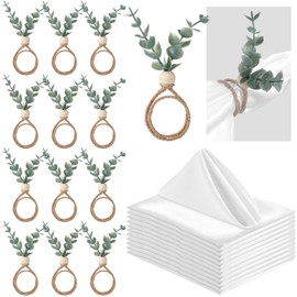 Farmhouse Wooden 24 Pc Eucalyptus Napkin Rings & Cloth Napkins - Rustic Leaf Design for Wedding & Easter Table Decor