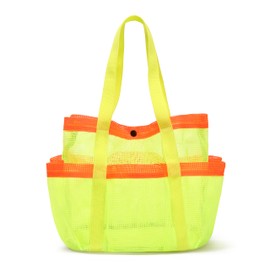 GQIRIL Mesh Beach Bag for Women - Foldable Waterproof Sandproof Beach Storage Tote with 6 Pockets, Swim Tropical Vacation Pool Essentials for Kids Family Swimmers Travel Cruise (Fluorescent Green)