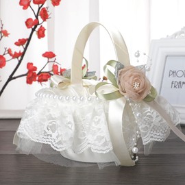 Ivory Flower Girl Basket Set of 2 Small Wedding Flower Basket Decorated with Lace Pearl Silk Rose Flower Elegant Satin Petals Storage Flower Girl Baskets for Weddings Ceremony Party Decor (2 Pcs)