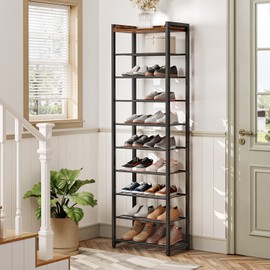 HOOBRO 10-Tier Shoe Rack, 20.5" L Shoe Storage Organizer, Narrow Shoe Shelf, Saving Space, Stable and Sturdy, Hold 18-20 Pairs of Shoes, for Entryway, Hallway, Living Room, Rustic Brown BF40XJ01