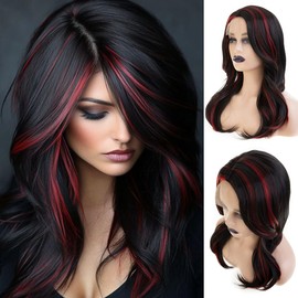 Long Wavy Black Red Wigs for Women Synthetic Side Part Heat Resistant Party Cosplay Hair Wig