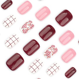 Square Fake Nails Short Press On Nails Pink Brown Nails Press Ons With Flower Designs Spring False Nails Glossy Short Glue On Nails Reuseable Acrylic Full Cover Stick On Nails For Women Girls