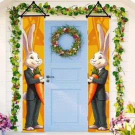 BlissYard 2pcs Easter Banner Porch Welcome Sign Decoration Funny Suit Bunny Hanging Door Banners Carrot Design for Spring and Easter Festive Indoor Outdoor Porch Decor