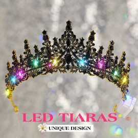 JAKAWIN Light Up Black Crown and Tiara Rhinestone Headpiece Halloween Costume Hair Accessories for Women (2 Black)