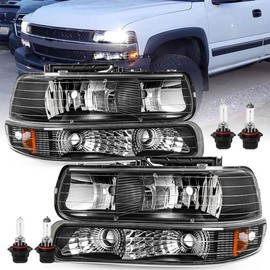 TUSDAR Headlight Assembly with Bumper Lights 4pcs Compatible with 1999-2002 Chevy Silverado, 2000-2006 Tahoe Suburban Chrome Housing with Amber Reflector