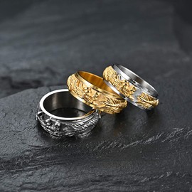 INRENG Stainless Steel Dragon Spinner Ring Vintage Punk Biker Band Rings for Men Women, Metal, No Gemstone
