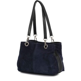 Kitise Women Real Italian Suede Vivid Colours Small 3 Compartments Tote Bag Stylish Shoulder Handbag (Navy)