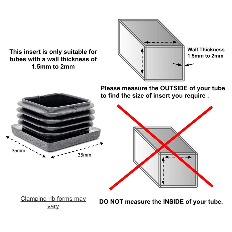 35x35mm Plastic End Caps, Square Tube Inserts (Pack of 4,