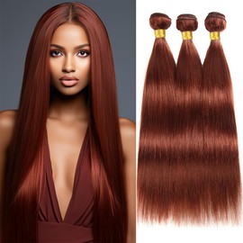 QEUOPE Reddish Brown Straight Bundles Color 33 Human Hair Auburn Straight Bundles Double Weft Brazilian Hair Extensions Silky and Soft for Women (14 16 18 inch 3 Bundles)