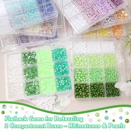 2 Boxes Green Flatback Pearls and Rhinestones for Crafting, 3-5 mm Jelly Resin Rhinestones for Nail Gems Bedazzling, Mixed Size Half Pearls for Nail Jewelry DIY Nail Art Decoration