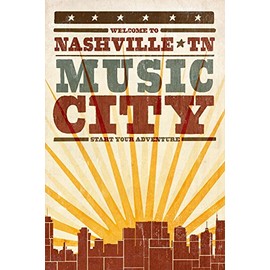 Nashville, Tennessee - Skyline and Sunburst Screenprint Style (16x24 Giclee Gallery Print, Wall Decor Travel Poster)