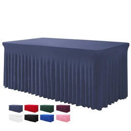 BDDC Table Skirts for Rectangle Tables 4ft - One-Piece Navy Blue Table Covers for 4 Foot Tables, Wrinkle Resistant Ruffles Elastic Table Cover and Table Skirt for Banquets, Parties