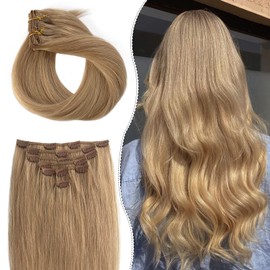 Hair Extensions for women, OiMiGO Golden Blonde Clip in Extensions, 8A Grade Invisible Clips 7 Pieces 20 Inch 70g Blonde Soft Silky Straight #16 Real Remy Human Hair Clip on Extensions
